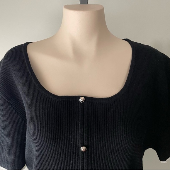 Cider Ribbed Short Sleeve Button Down Cardigan Sweater Black White Plus Size 2XL - Picture 6 of 7